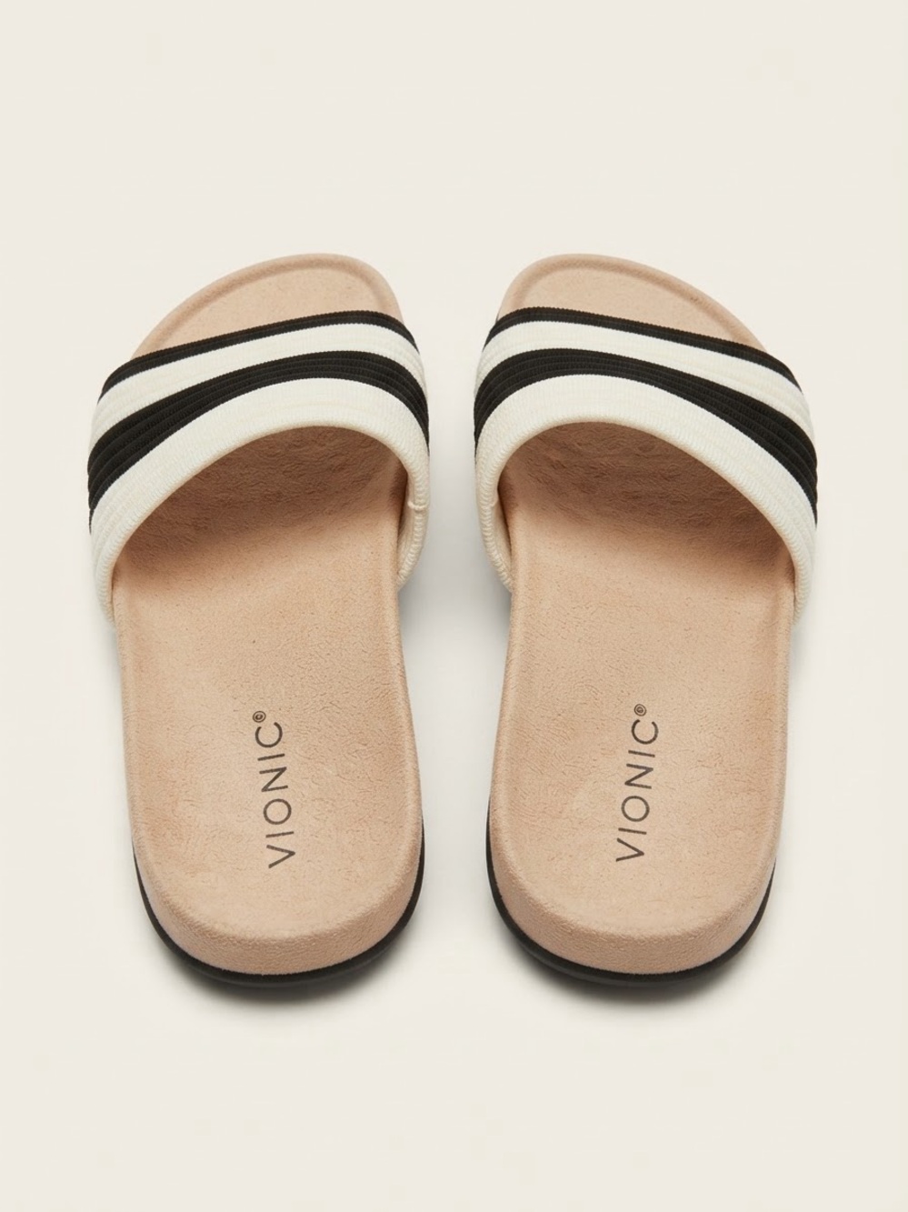 Vionic Women's Beige Slide Sandals with Black & White Stripes